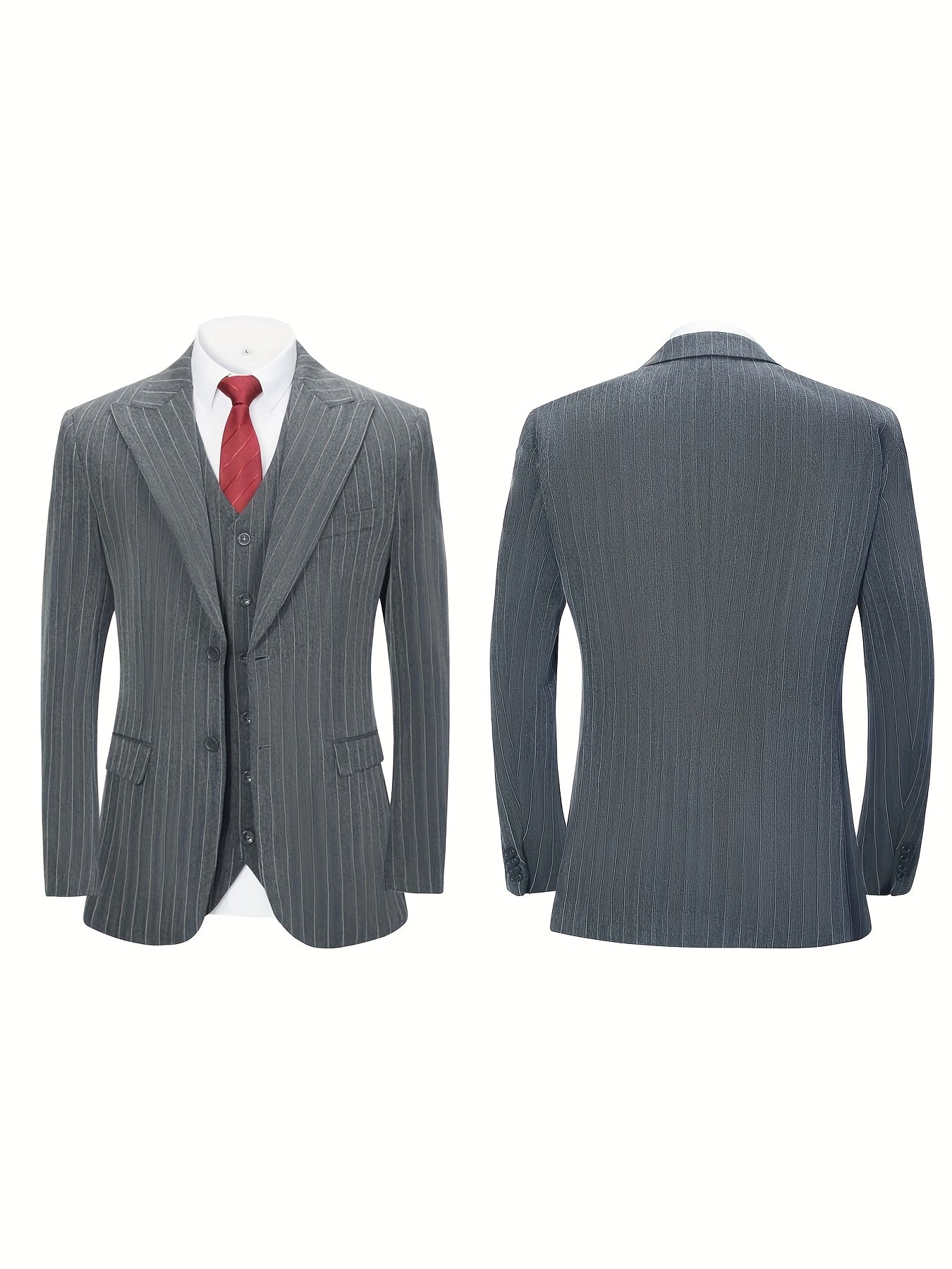 Men'S Suits Set 3pcs, Solid Color Pinstripes Suit, Closure Collar Jacket Coat Blazer Vest Pants Set, Business Work Banquet Performance Travel Holiday Birthday Gift Dress Tuxedo