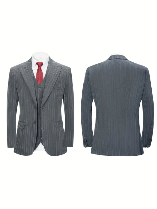 Men'S Suits Set 3pcs, Solid Color Pinstripes Suit, Closure Collar Jacket Coat Blazer Vest Pants Set, Business Work Banquet Performance Travel Holiday Birthday Gift Dress Tuxedo