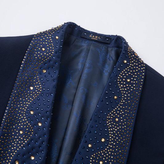 Men's 3-Piece Rhinestone Embellishments Wedding Dark Blue Tuxedo