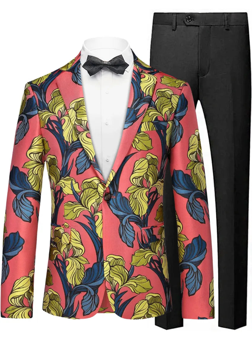 Men's One Button Floral Jacquard Watermelon Red Suit Jacket