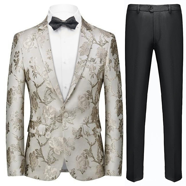 Men's 2-Piece Silver Floral and Bird Jacquard White Tuxedo Suit