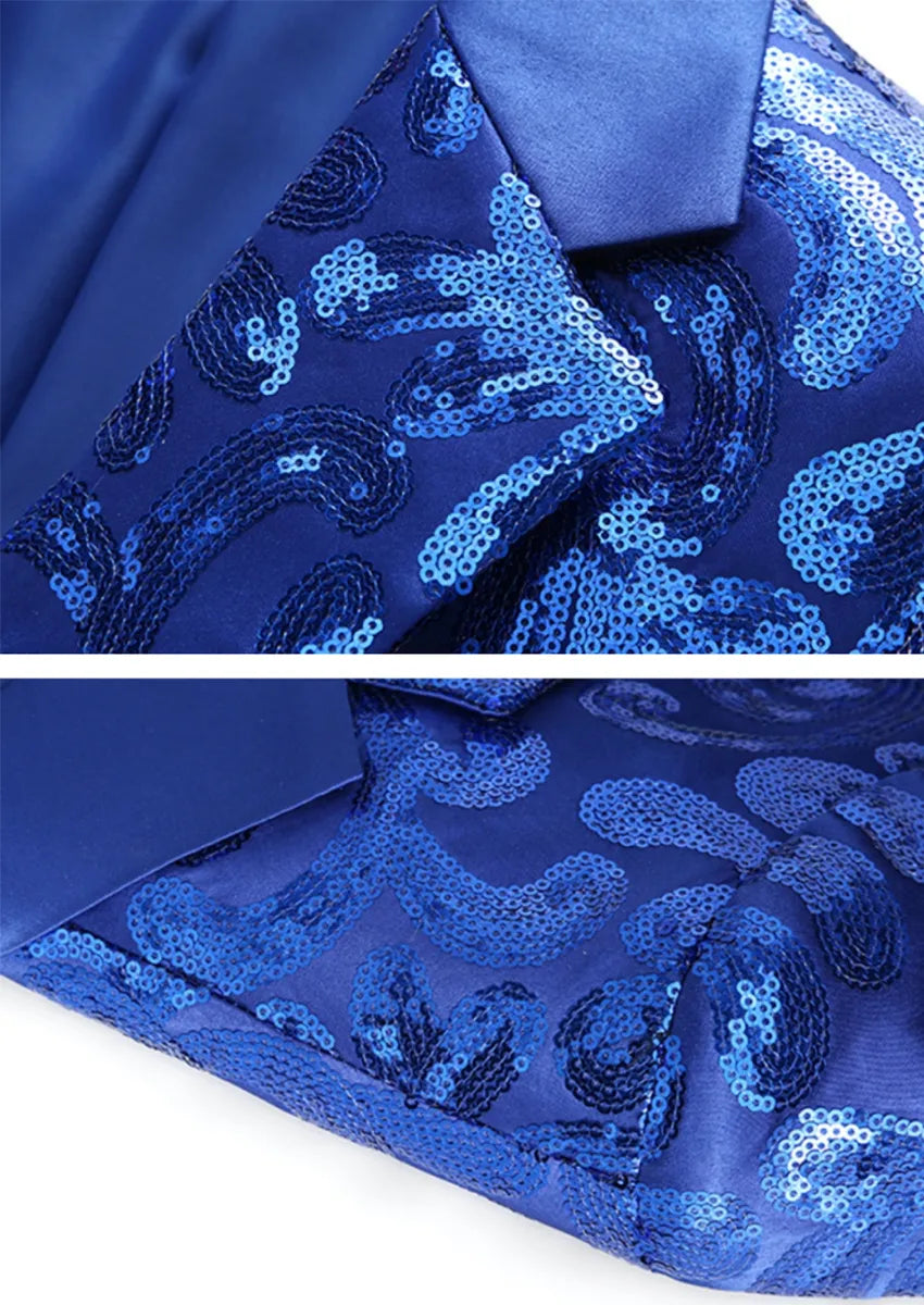 Men's Notch Lapel Embroidered Paisley Navy Sequin Jacket