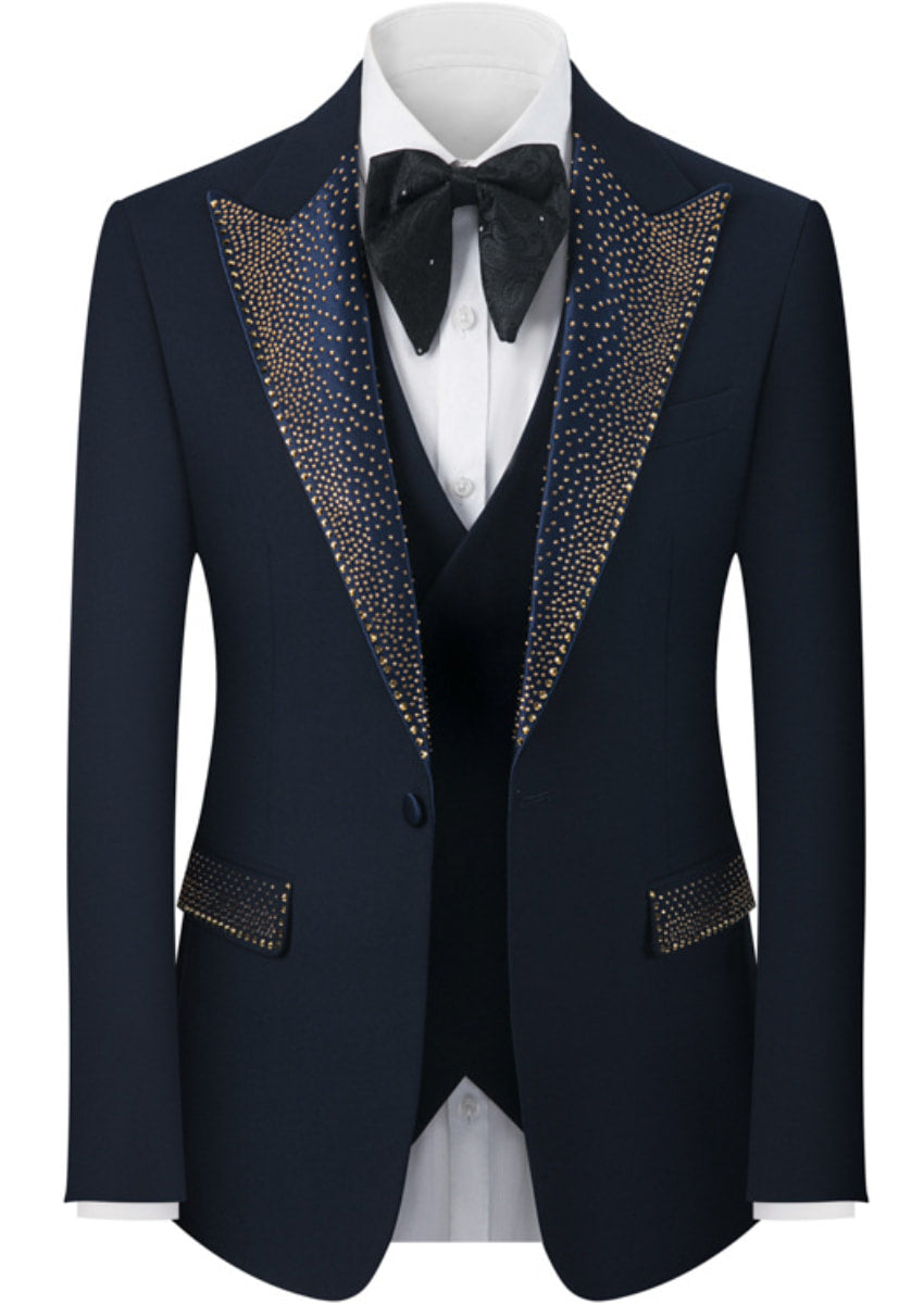 Men’s Navy 3-Piece Hotfix Crystal Peak Lapel Tuxedo Set
