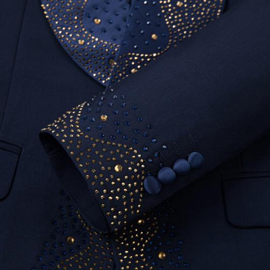 Men's 3-Piece Rhinestone Embellishments Wedding Dark Blue Tuxedo