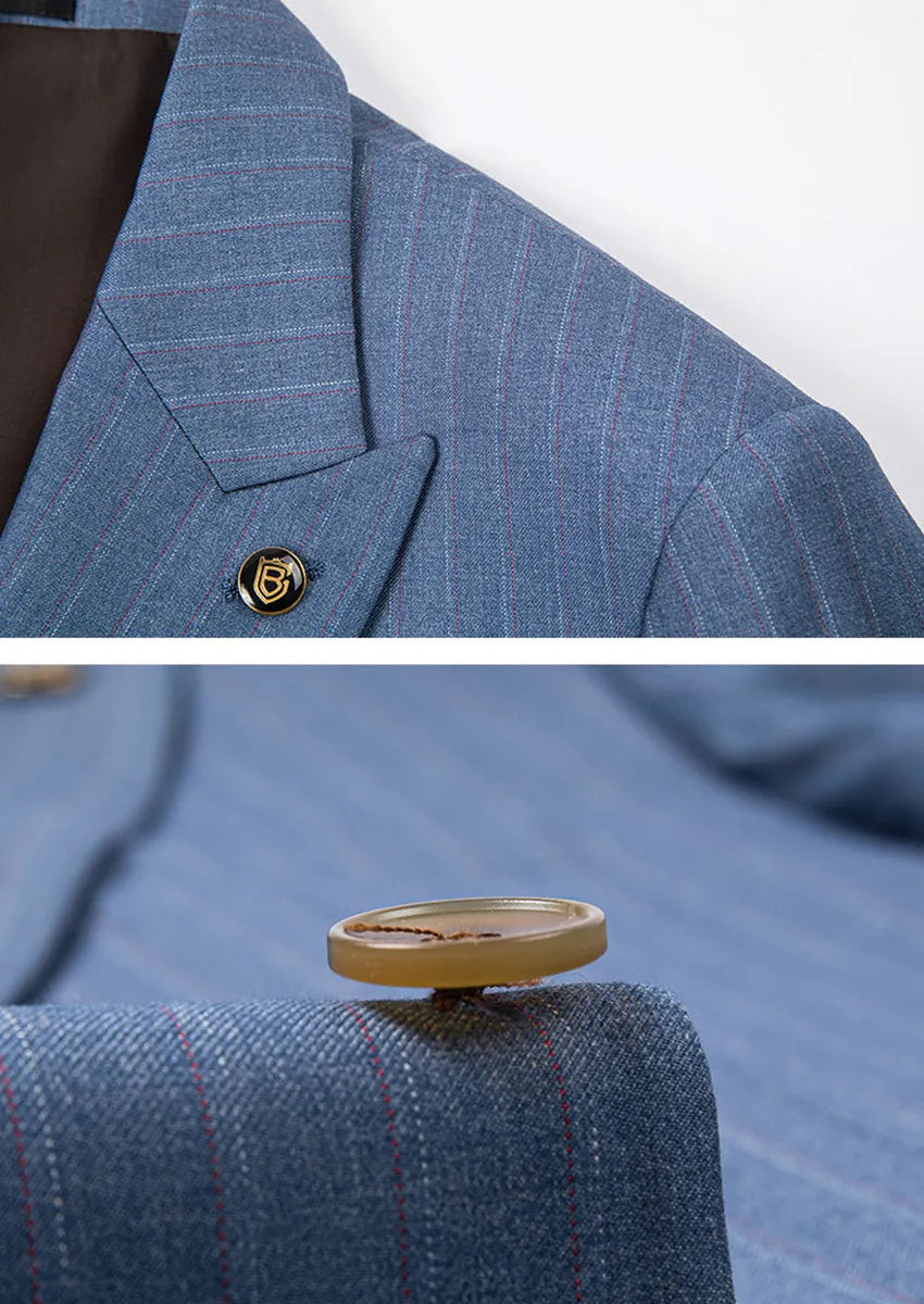 Men's 3-Piece Striped Light Navy Suit with a Coffee-colored Vest