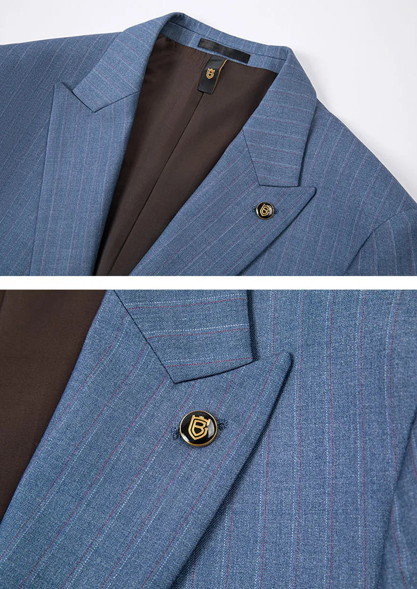 Men's 3-Piece Striped Light Navy Suit with a Coffee-colored Vest