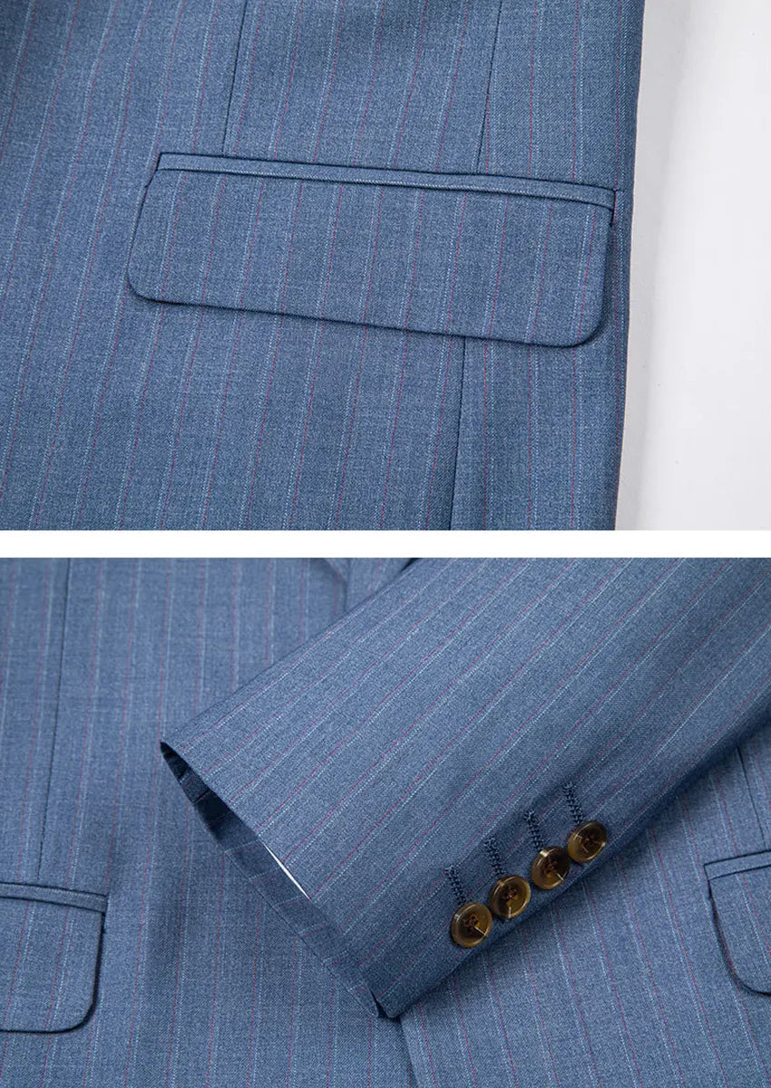 Men's 3-Piece Striped Light Navy Suit with a Coffee-colored Vest