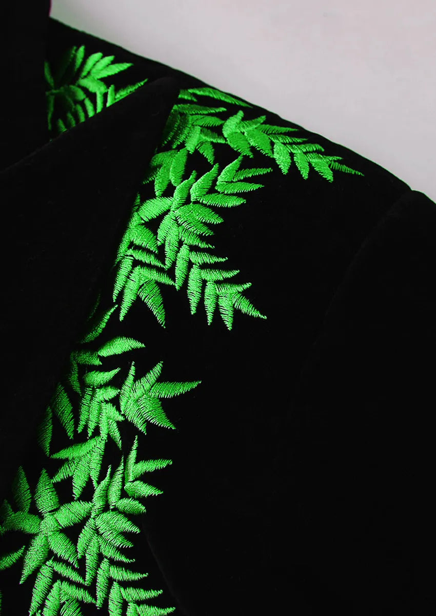 Men's Luxurious Green Embroidery Black Velvet Tuxedo