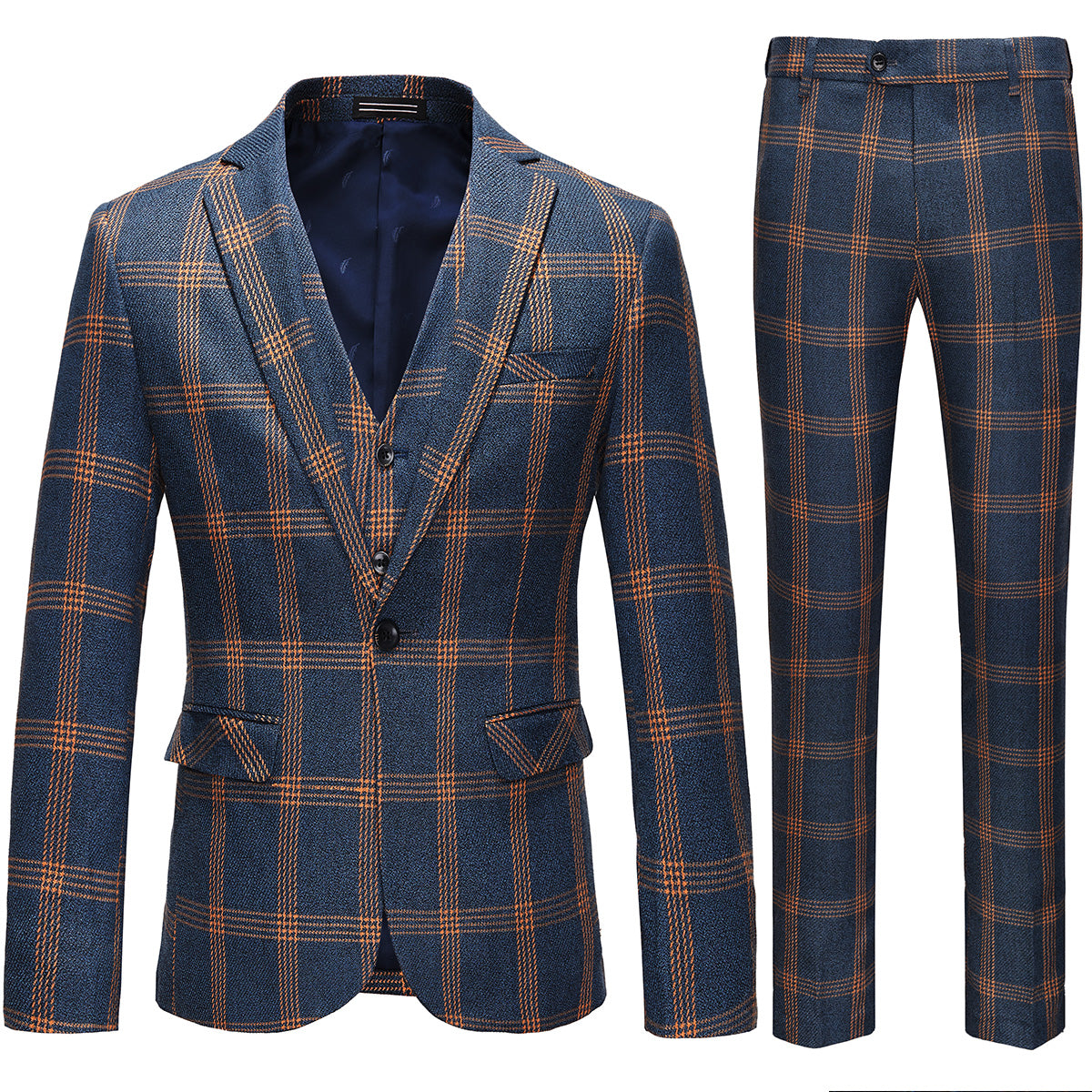 Men's 3-Piece Brown Plaid Design Navy Blue Suit
