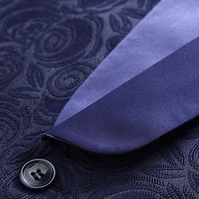 Men's 3-Piece Rose Embroidery Shawl Lapel Navy Suit