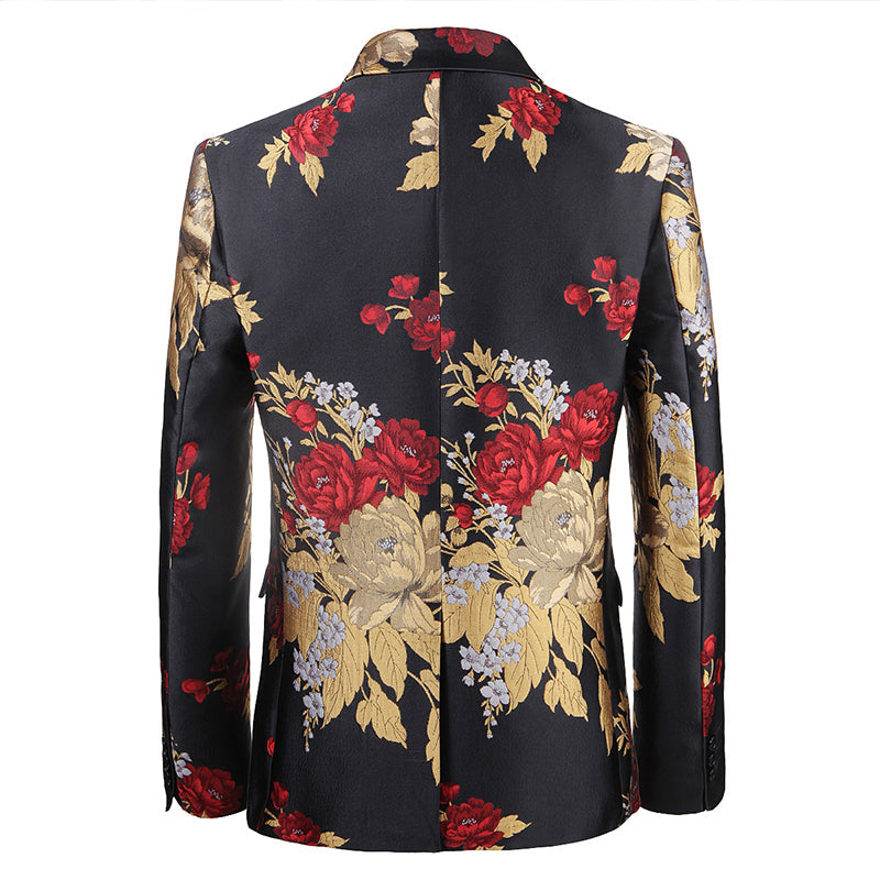 Men's 2-Piece Red and Gold Peony Embroided Black Suit