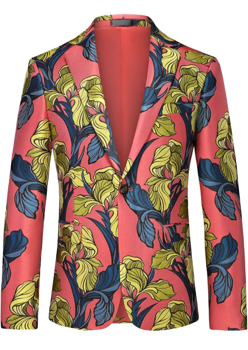 Men's One Button Floral Jacquard Watermelon Red Suit Jacket