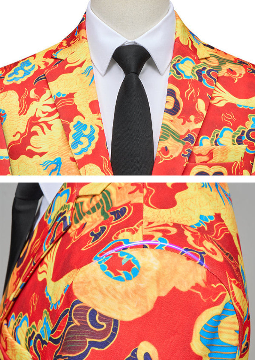 Men’s Chinese Spring Festival Dragon Print 2-Piece Suit Set