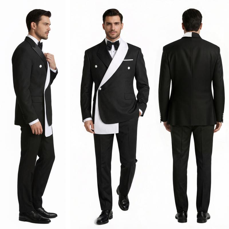 Men’s 2-Piece Contrast Color Tuxedo Suit, Double Breasted Shawl Lapel Blazer & Pants, Slim Fit Wedding Prom Party Outfit