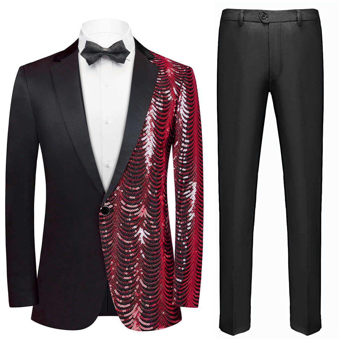 Men's 2-Piece Red Sequin Water Ripples Black Suit