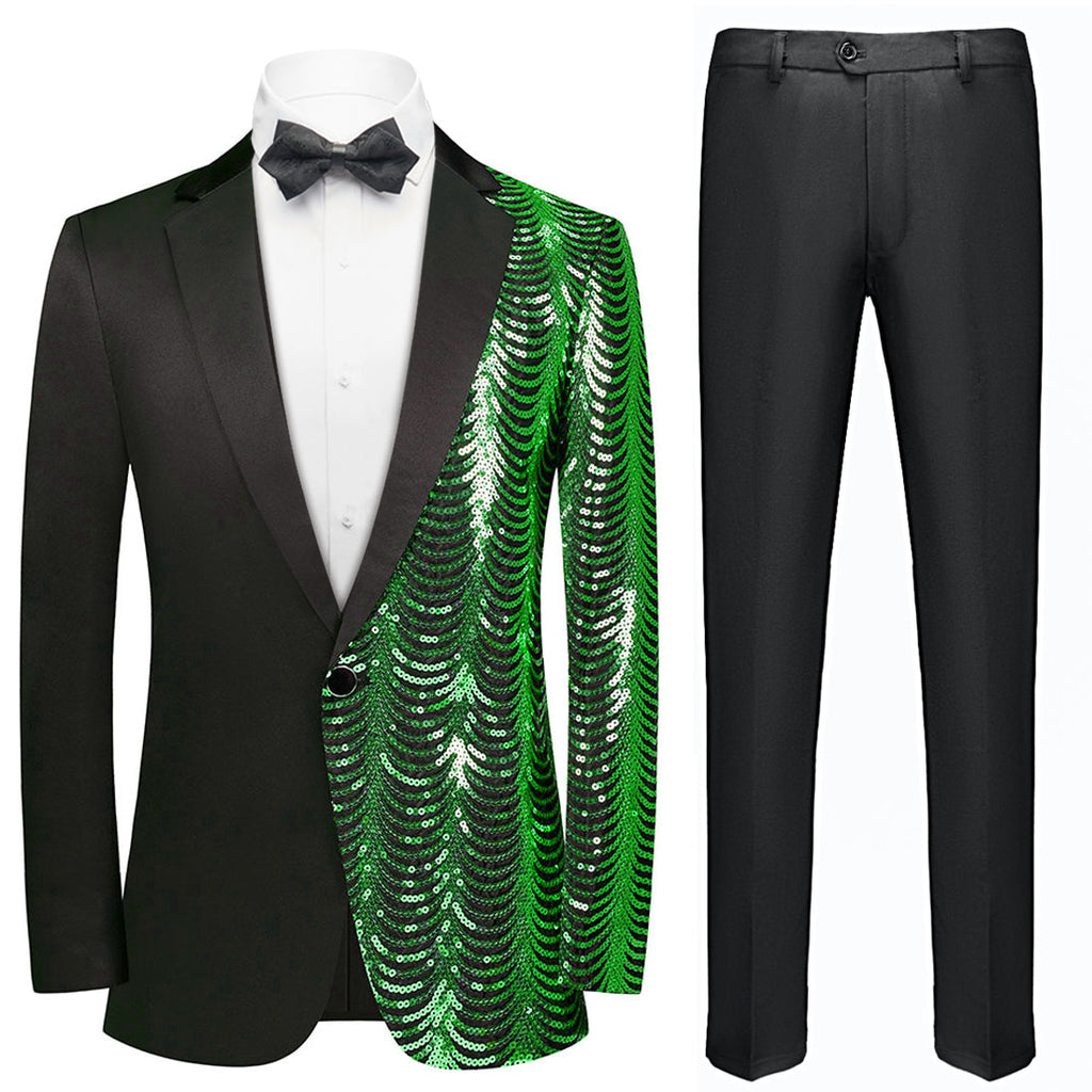 Men's 2-Piece Green Sequin Water Ripples Black Suit