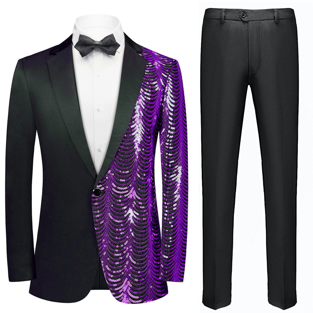Men's 2-Piece Purple Sequin Water Ripples Black Suit