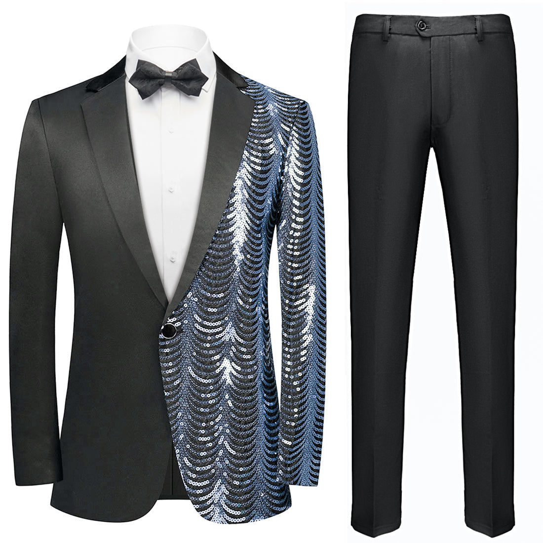 Men's 2-Piece Light Blue Sequin Water Ripples Black Suit