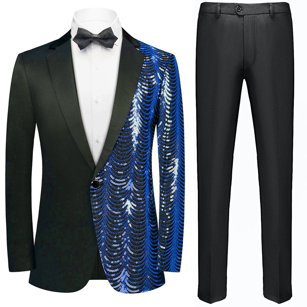 Men's 2-Piece Blue Sequin Water Ripples Black Suit