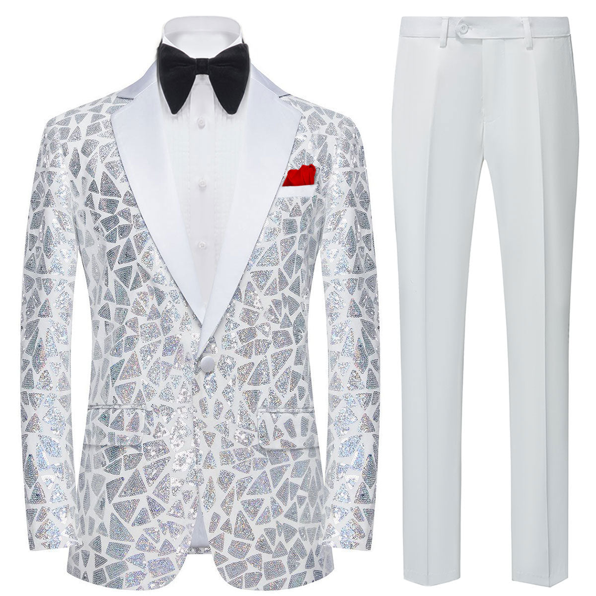 Men's Silver Sequin Geometric Mosaic White Tuxedo