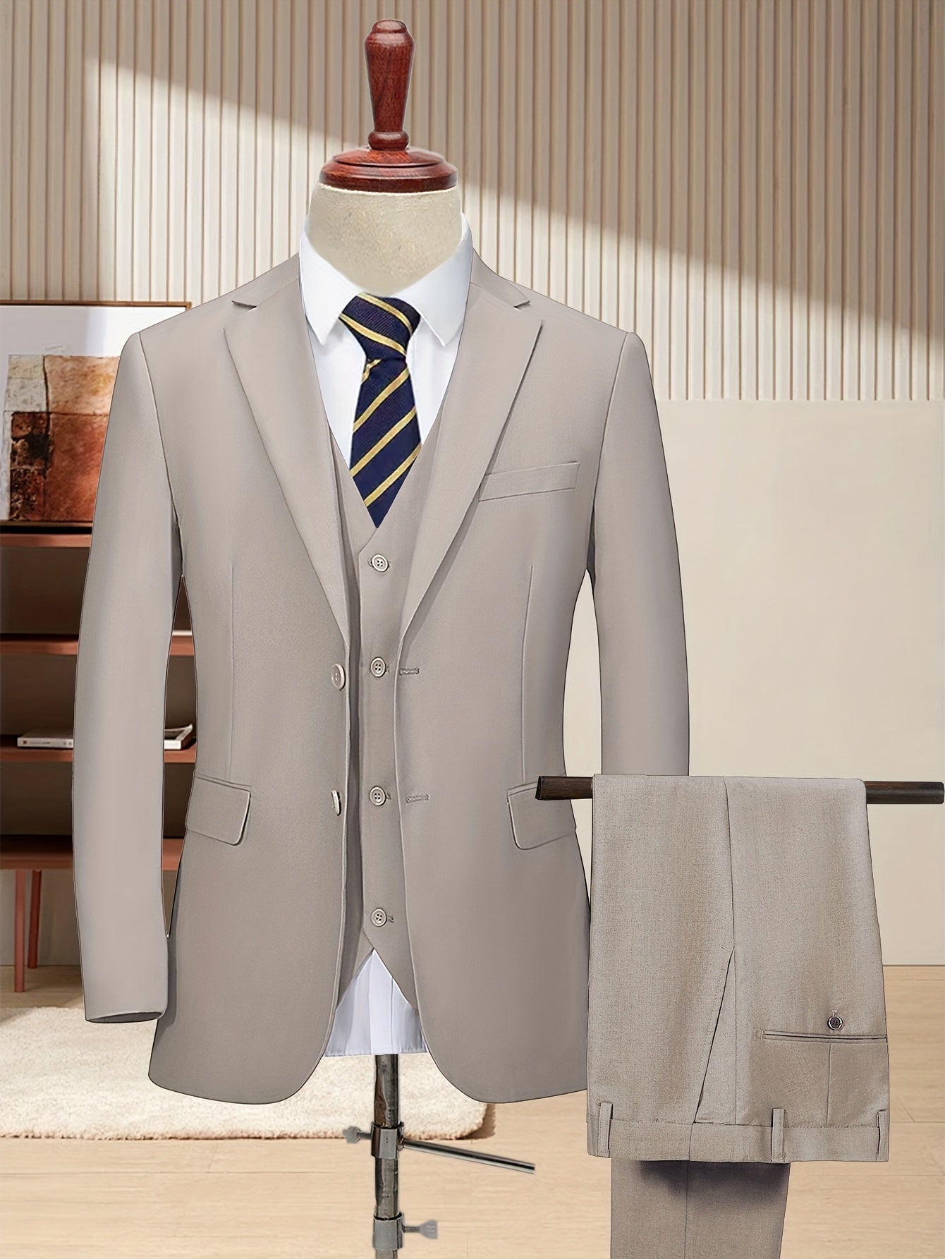 Men'S 3pcs Business Style Suit, Two Button Lapel Jacket Vest Trouser Set Solid Color Wedding Business Tuxedo Suit