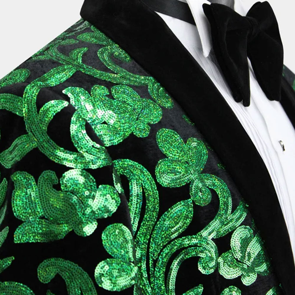 Men's Sparkle Floral Green Sequin Tuxedo Jacket