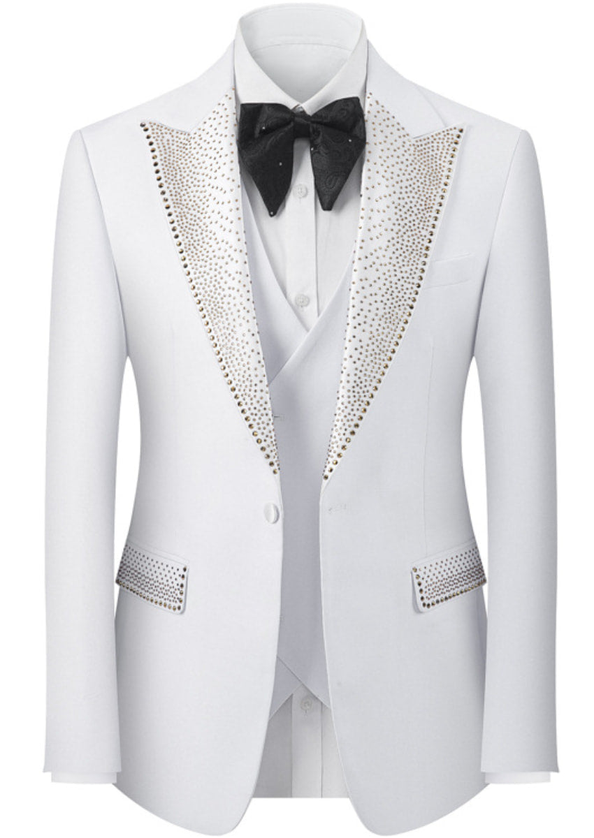 Men’s White 3-Piece Hotfix Crystal Peak Lapel Tuxedo Set