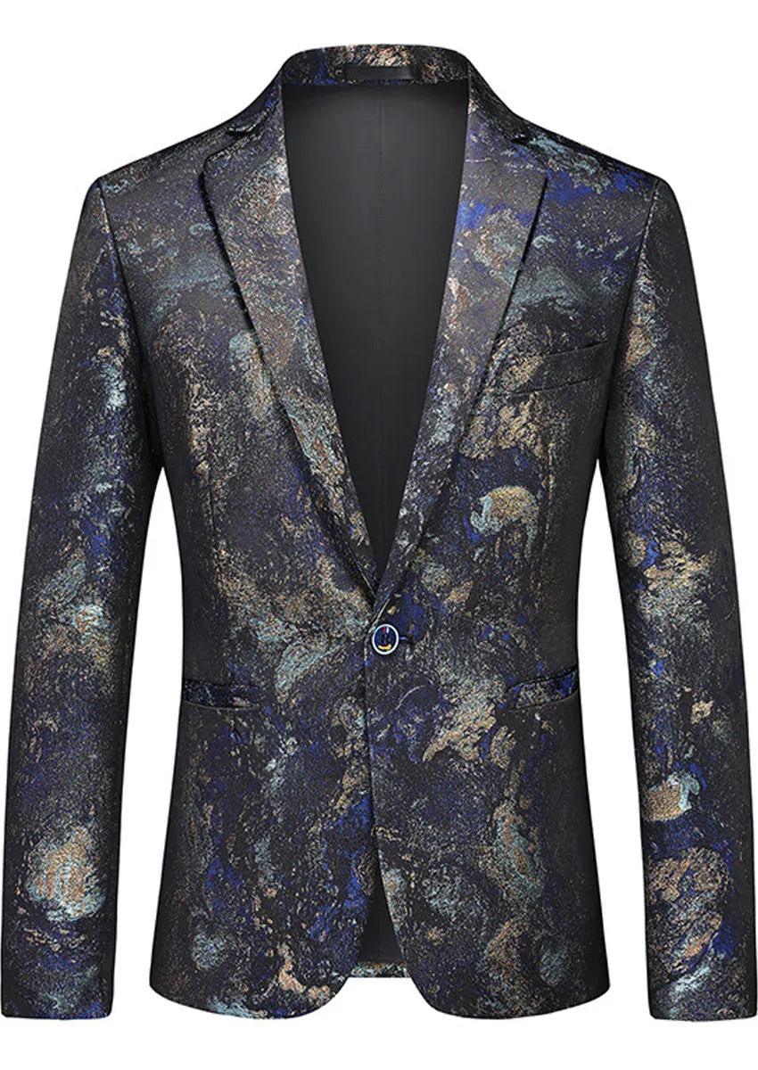 Men's Slim Fit One-Button Abstract Print Navy Jacket