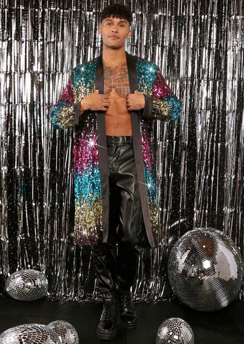 Men's Full Sequin Gradient Multi-color Tassel Blue Long Jacket for Stage