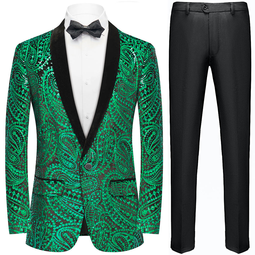 Men's Sequin Green Paisley Black Suit