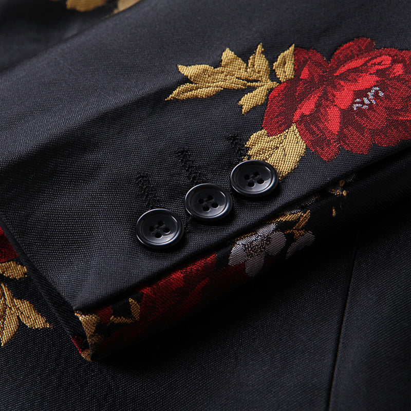 Men's 2-Piece Red and Gold Peony Embroided Black Suit