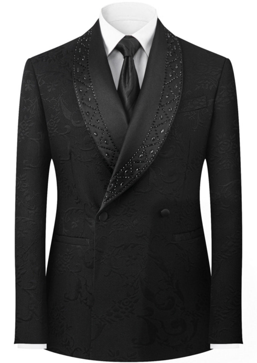 Men’s Black 2-Piece Floral Jacquard Tuxedo Set with Hotfix Crystal Shawl Collar