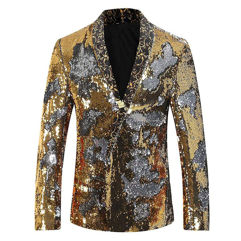 Men's V-neck Full Sequin Golden Tuxedo with Silver Geometric Patterns
