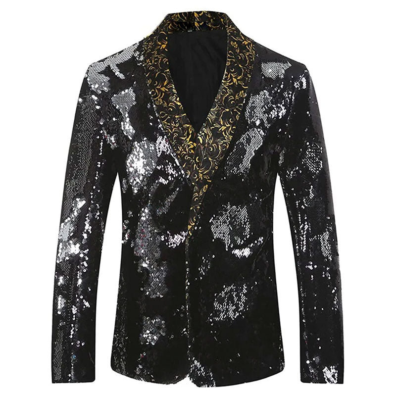 Men's V-neck Full Sequin Black Tuxedo with Silver Geometric Patterns