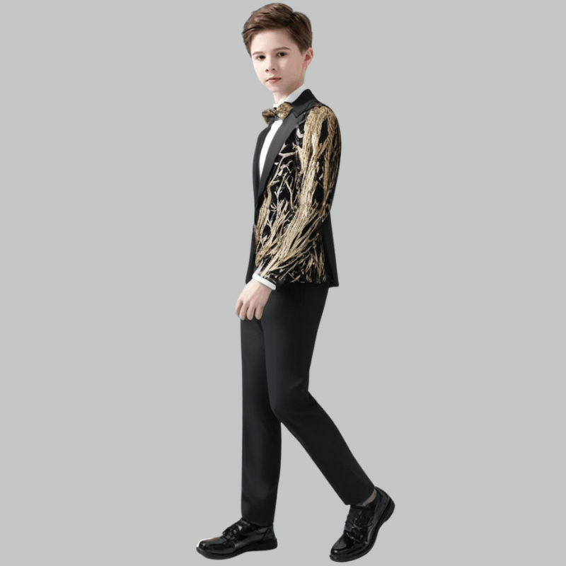 Boy's 2-Piece Gold Sequin Branches Black Suit Tuxedo