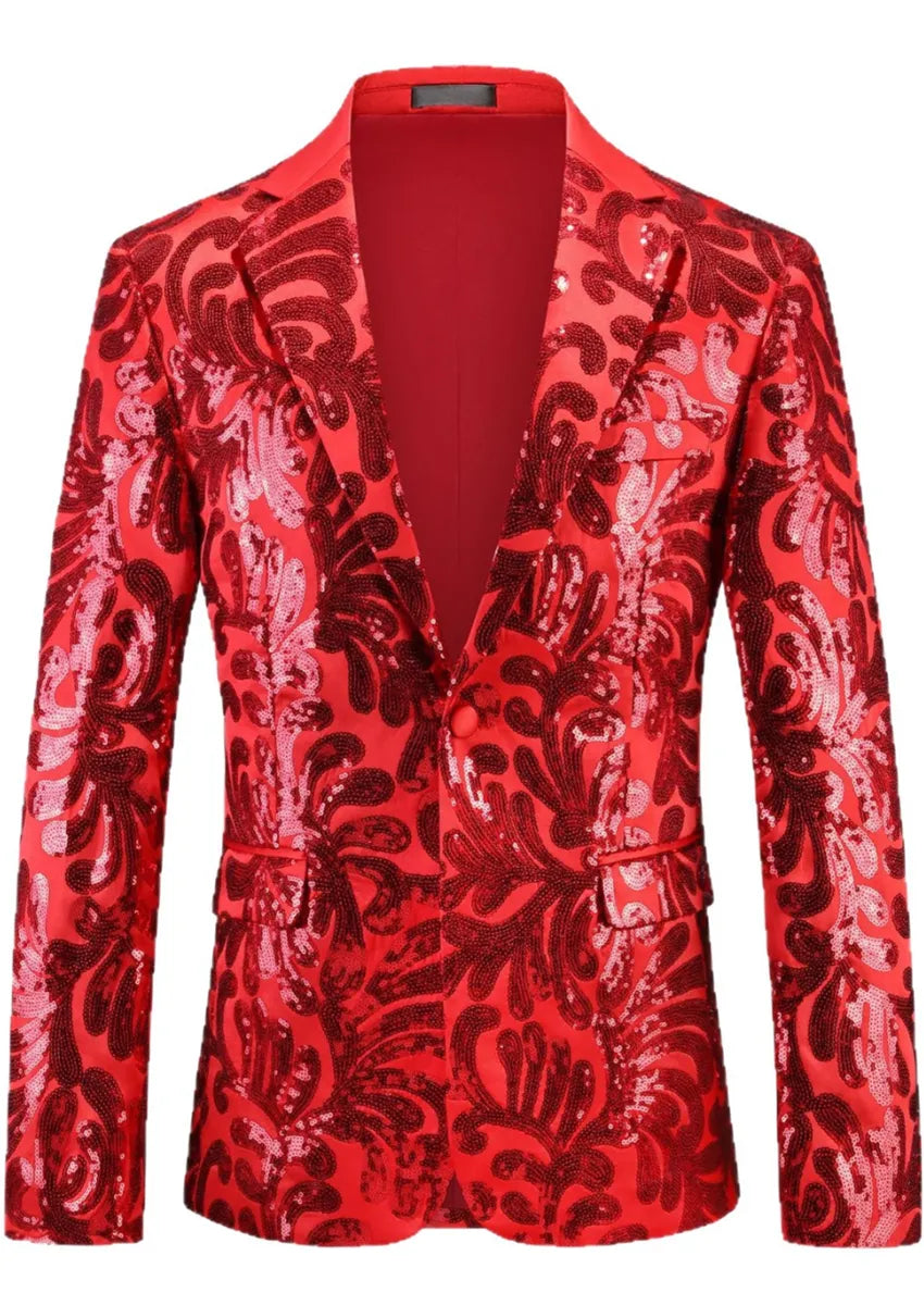 Men's Notch Lapel Embroidered Paisley Red Sequin Suit