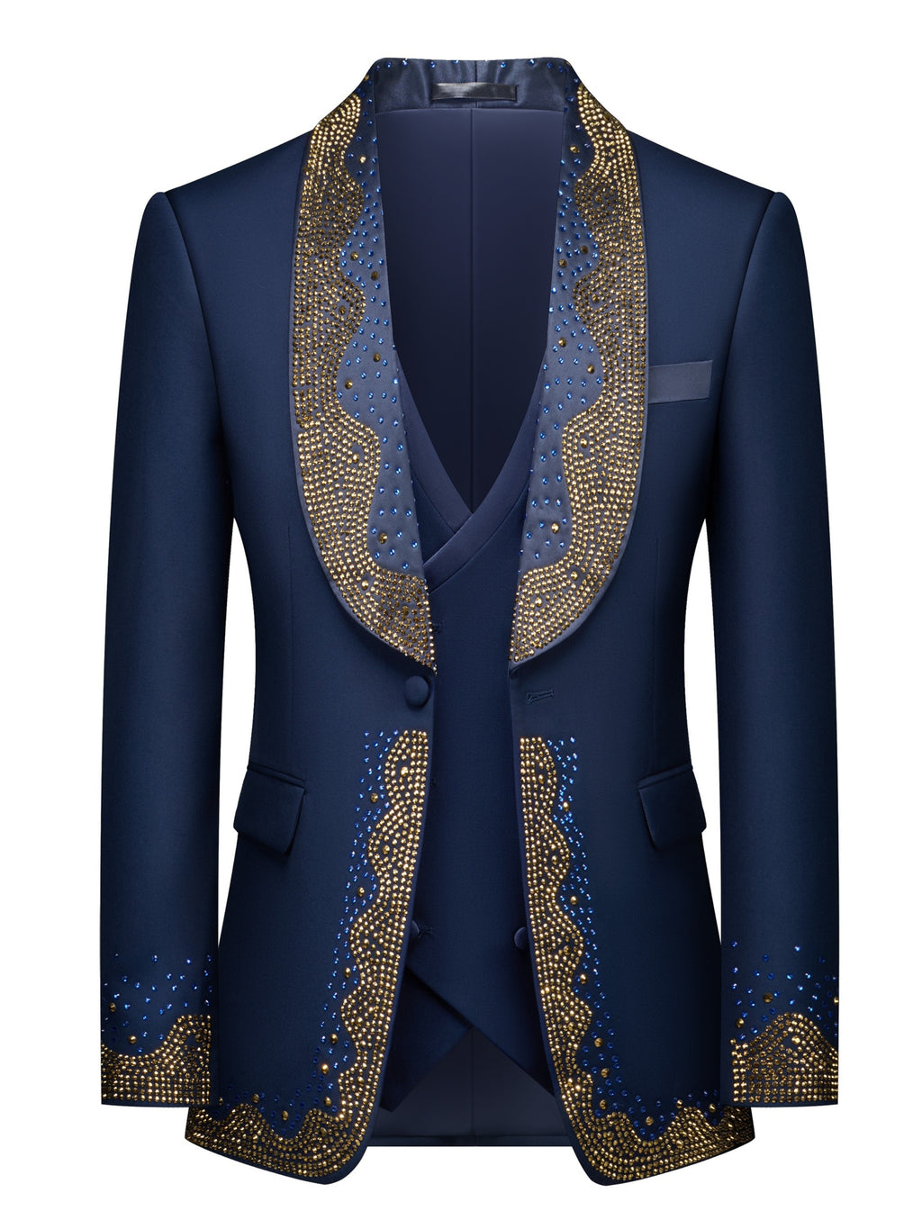 Men's 3pcs Slim-Fit Tailored Tuxedo Set with Golden Embellished & Vest - Black Wedding, Prom, Party Suit Jacket, Pants & Matching Blazer Outfit (No Alterations Required), Suits For Men, Wedding Suits For Men, Black Suit, Mens Clothes, Christmas Suit, Roya