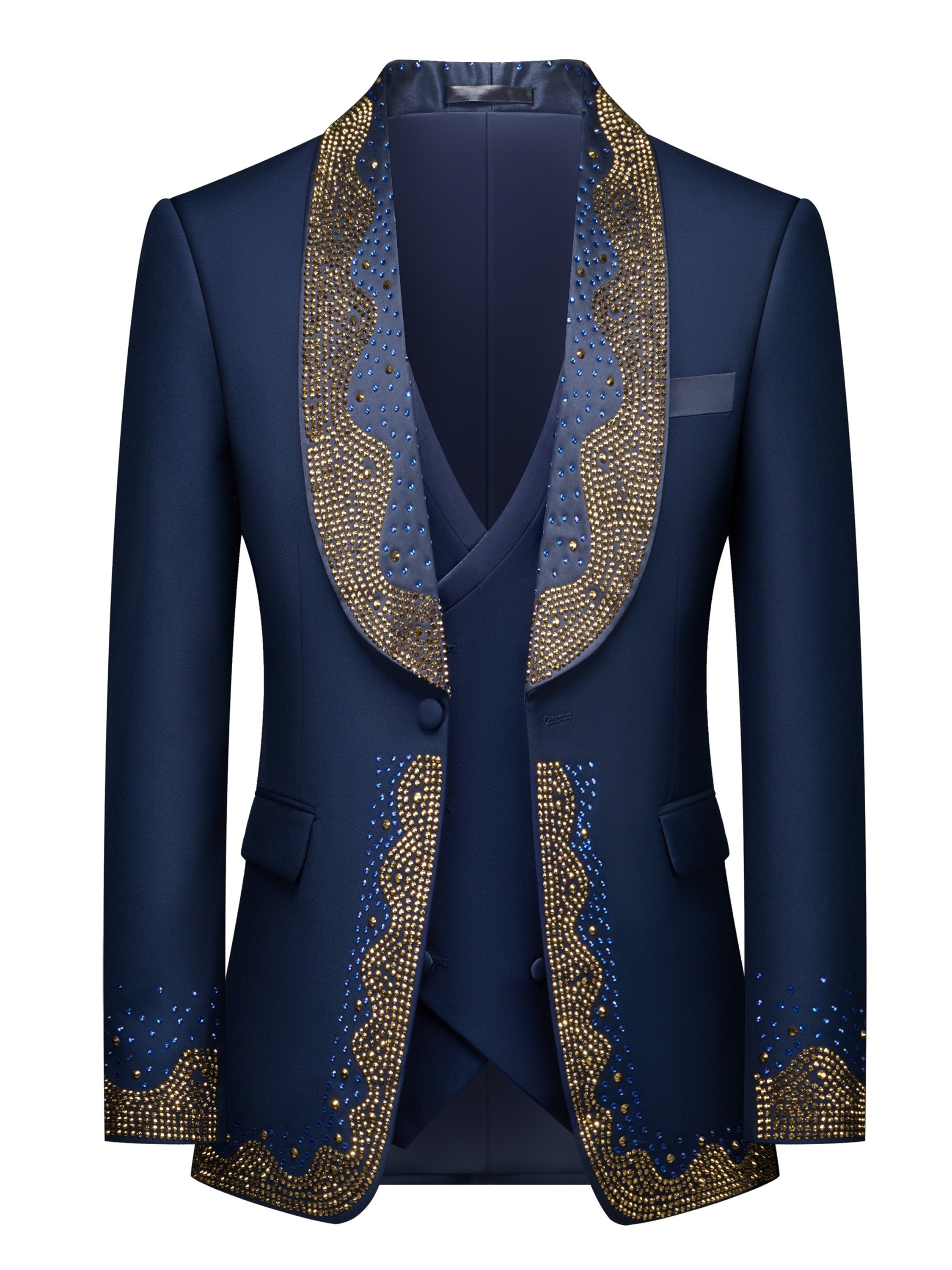 Men's 3pcs Slim-Fit Tailored Tuxedo Set with Golden Embellished & Vest - Black Wedding, Prom, Party Suit Jacket, Pants & Matching Blazer Outfit (No Alterations Required), Suits For Men, Wedding Suits For Men, Black Suit, Mens Clothes, Christmas Suit, Roya