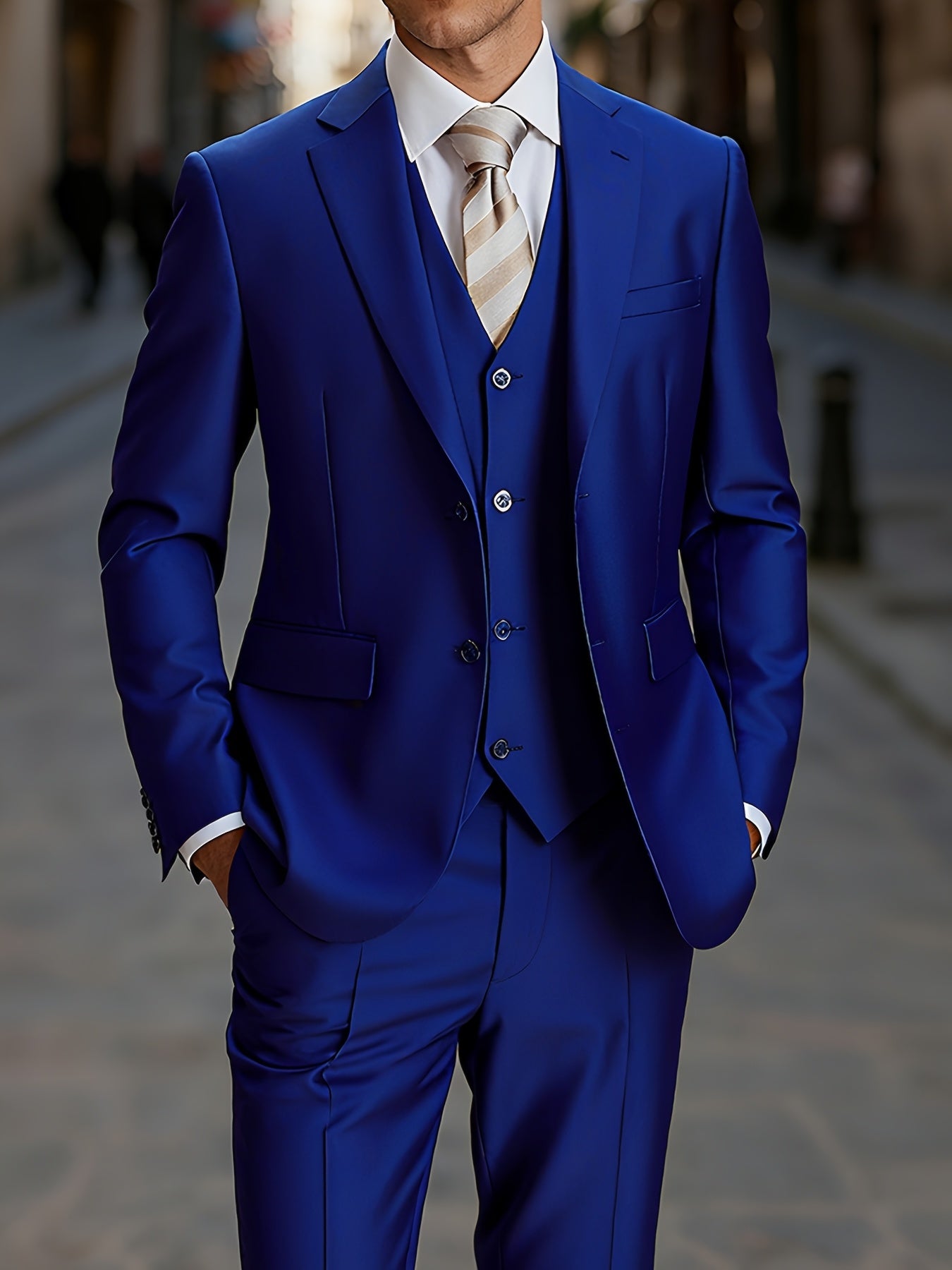 Men'S 3pcs Business Style Suit, Two Button Lapel Jacket Vest Trouser Set Solid Color Wedding Business Tuxedo Suit