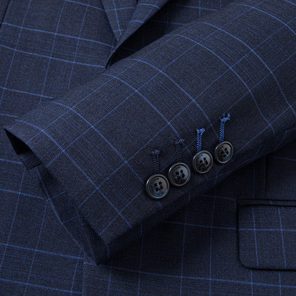 Men's 3-Piece One Button Fashionable Plaid Navy Suit