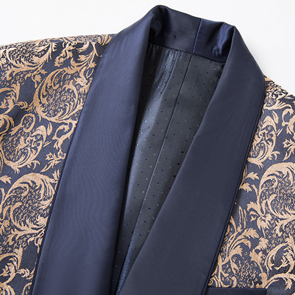Men's 3-Piece Vintage Style Gold Damask Jacquard Navy Blue Suit