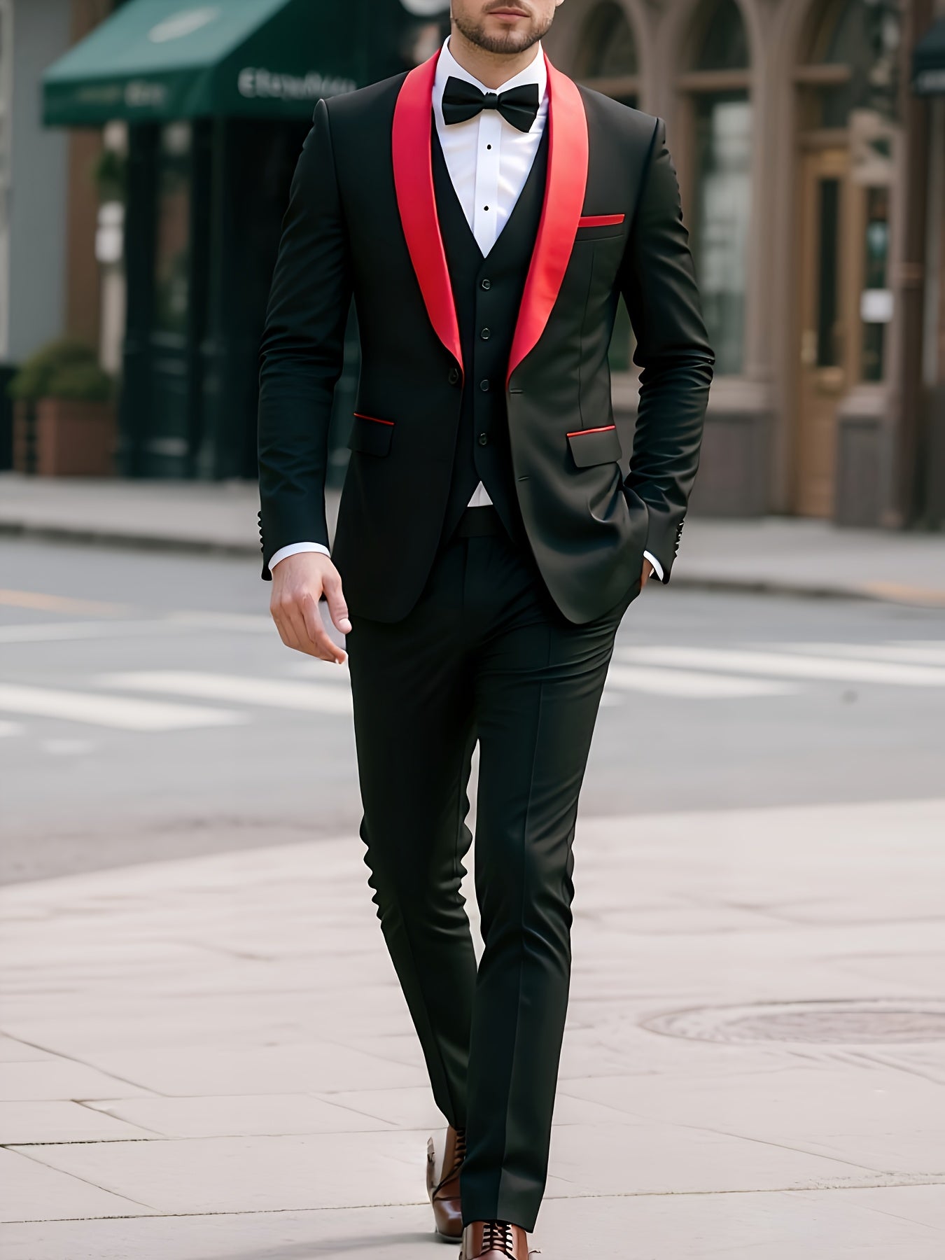 Men'S 3pcs Set Of Formal Wear, Shawl Lapel Collar Buttoned Blazer, Tuxedo Waistcoat And Dress Pants, Elegant And Smart Set For Banquet, Prom And Party Wear