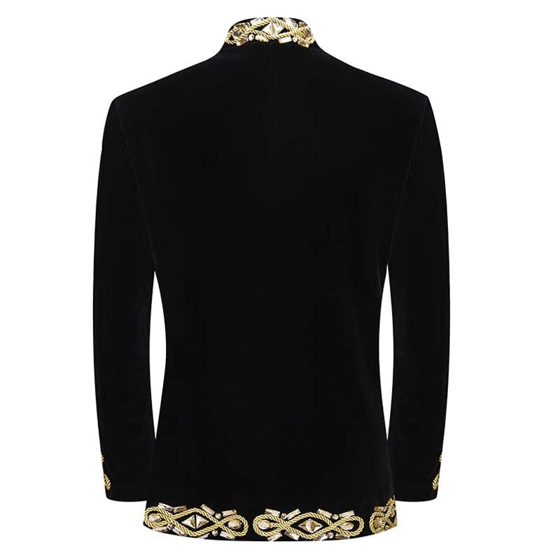 Men's Handmade Gold Aigillette and Rhinestone Hussar Officers Style Black Velvet Tuxedo