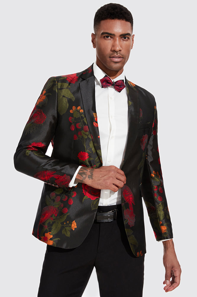 Men's Peak Lapel Red Rose Jaquard Black Dinner Jacket