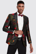 Men's Peak Lapel Red Rose Jaquard Black Dinner Jacket