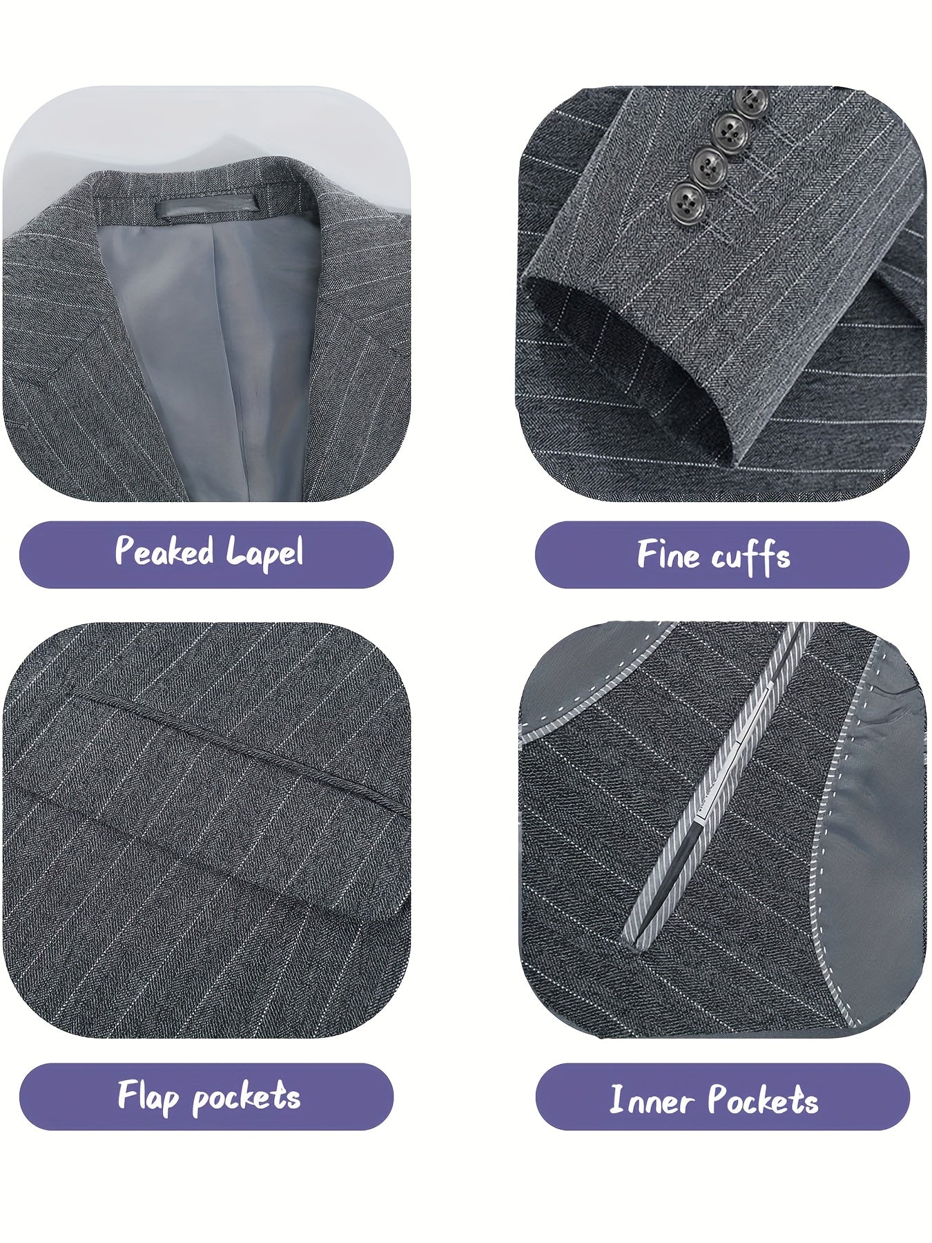 Men'S Suits Set 3pcs, Solid Color Pinstripes Suit, Closure Collar Jacket Coat Blazer Vest Pants Set, Business Work Banquet Performance Travel Holiday Birthday Gift Dress Tuxedo