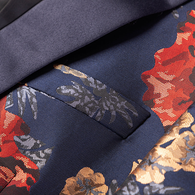 Men's Peak Lapel Red and Gold Floral Print Blazer