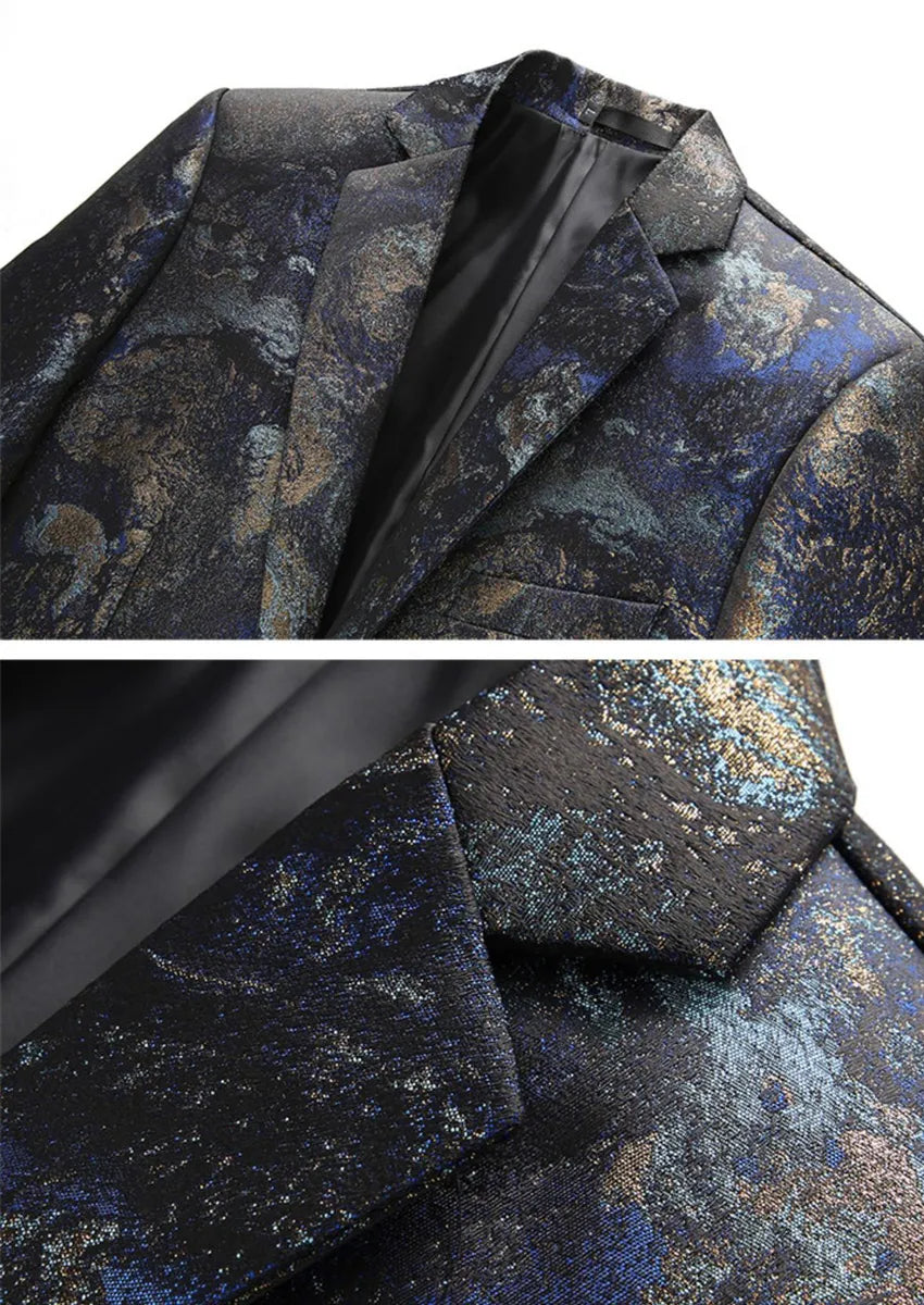 Men's Slim Fit One-Button Abstract Print Navy Jacket