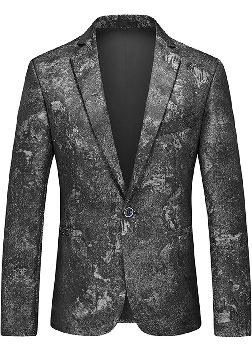 Men's Slim Fit One-Button Abstract Print Black Jacket