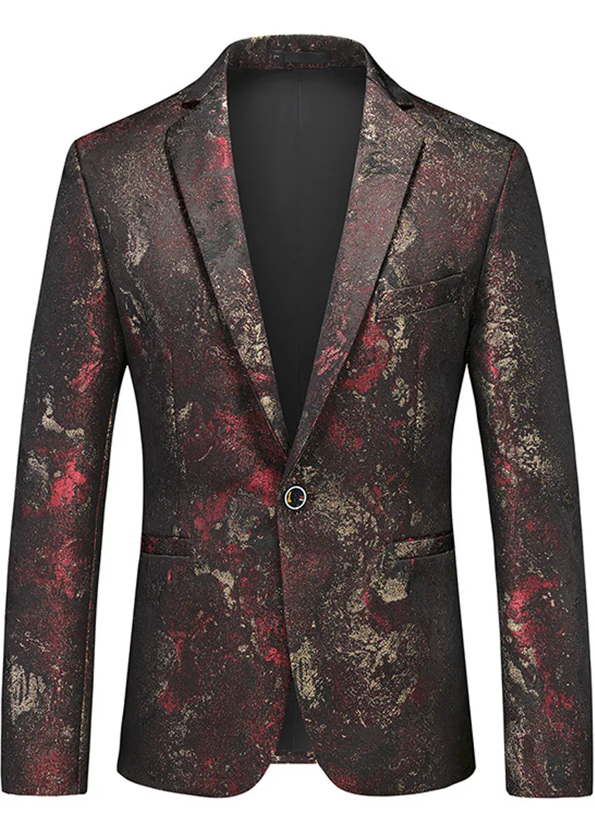 Men's Slim Fit One-Button Abstract Print Brown Jacket